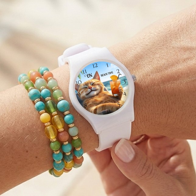 Kitty on the Beach Summer Sun Watch (Watch featuring a colorful painting of a kitty enjoying a drink on the beach.)