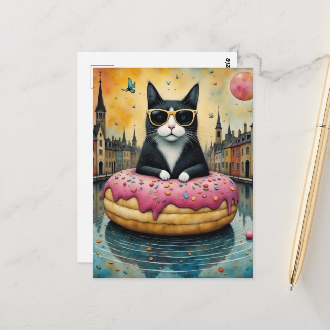 Kitty on Vacation in a Floating Donut Postcard (Front/Back In Situ)