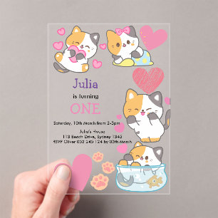 kitty one baby girl birthday acrylic invitations