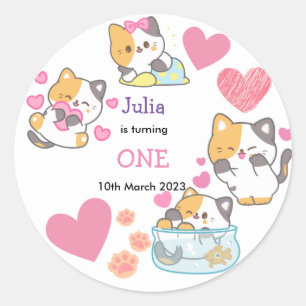 kitty one baby girl birthday   classic round sticker