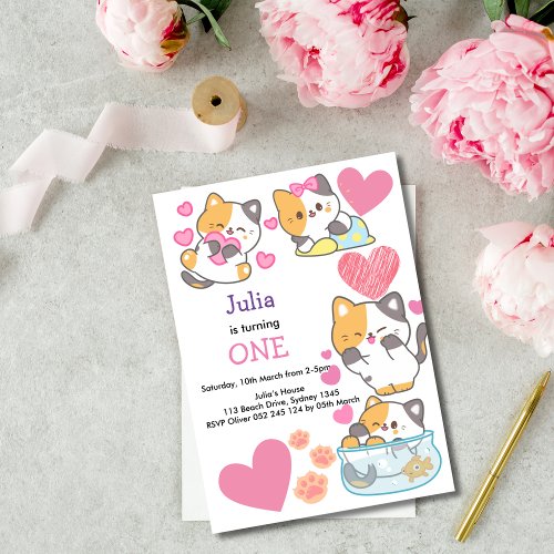 kitty one baby girl birthday  invitation 2