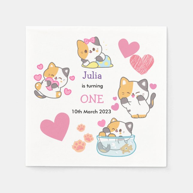kitty one baby girl birthday   napkins (Front)