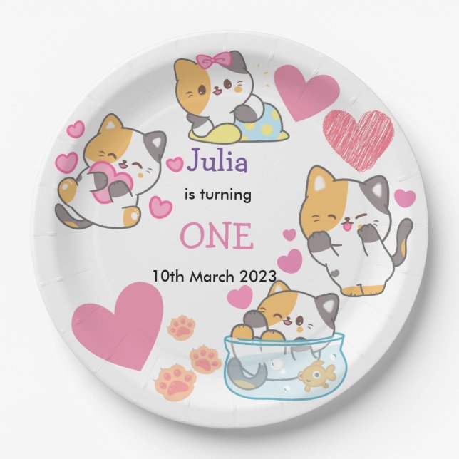 kitty one baby girl birthday   paper plates (Front)