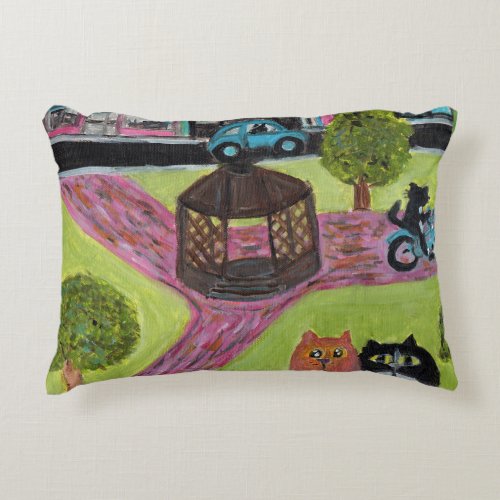 Kitty Park Fun Folk Art Cat Painting Town Square Accent Pillow