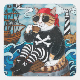 Kitty Pirate in fuzzy black sweater with a coffee Square Sticker