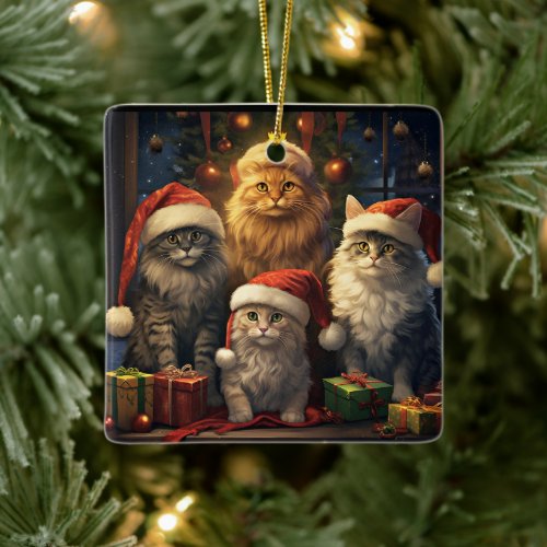 Kitty Quartet celebrating Christmas Ceramic Ornament