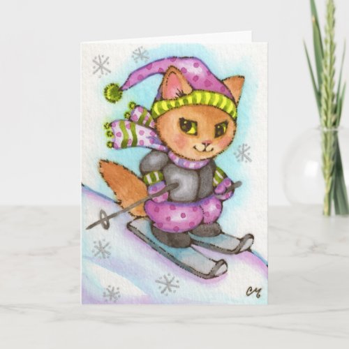 Kitty Skiing - Cute winter cat Holiday Card
