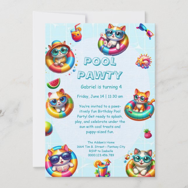 Kitty Splash Birthday Pool Party Invitation (Front)