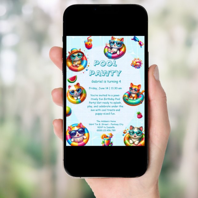 Kitty Splash Birthday Pool Party Invitation (Front Digital)