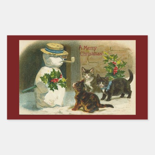 Kitty Trio with Snowman and Holly Rectangular Sticker