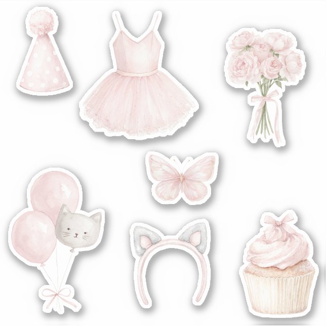 Kitty Tutu Pink Roses Balloons Cupcake Sticker (Front)
