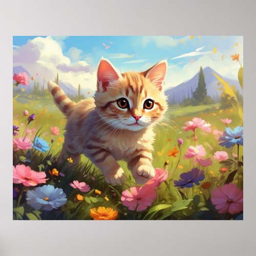  Kitty Walking Flowers 54  Kitten Cat AP68  Poster