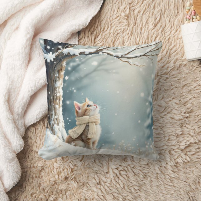 Kitty Watching Snowflakes Throw Pillow (Blanket)