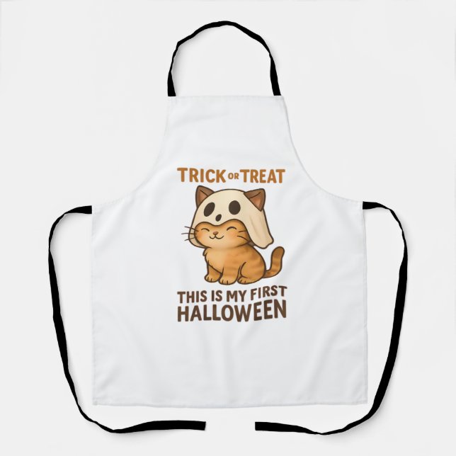 kitty wearing a mask ready for his first Halloween Apron (Front)