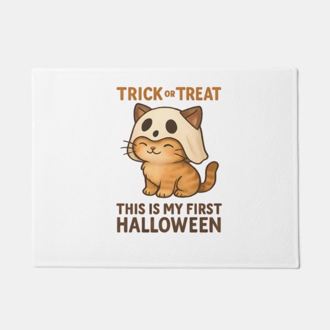 kitty wearing a mask ready for his first Halloween Doormat (Front)