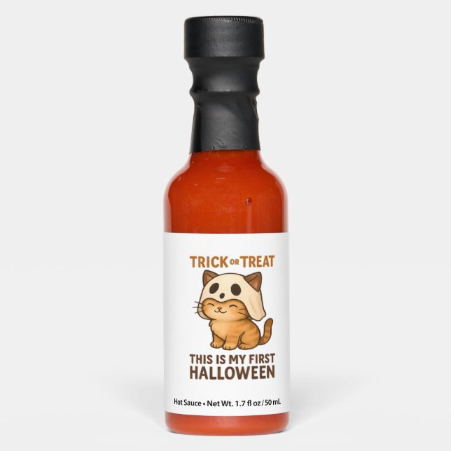 kitty wearing a mask ready for his first Halloween Hot Sauces (Front)