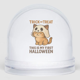 kitty wearing a mask ready for his first Halloween Snow Globe