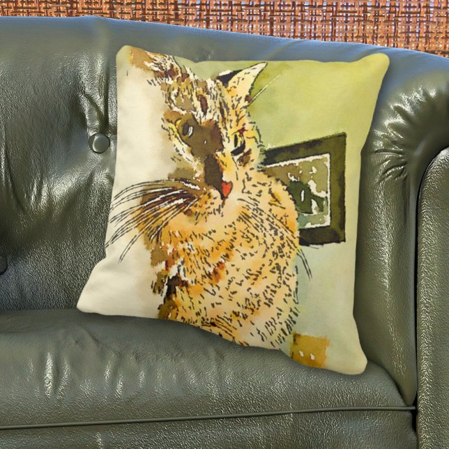 Kitty Whiskers Heart Nose Watercolor Throw Pillow