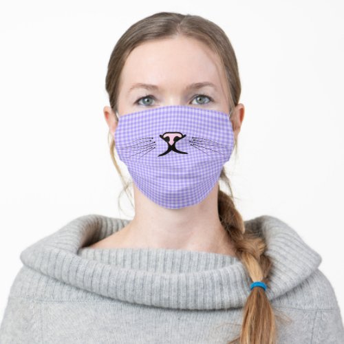 kitty whiskers on purple gingham adult cloth face mask