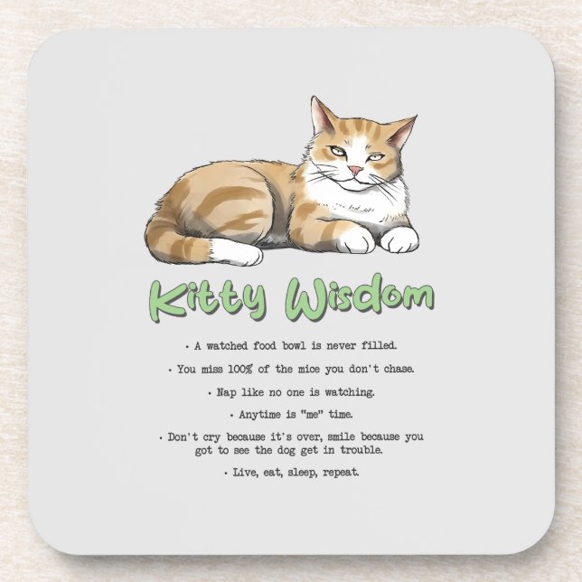 Kitty Wisdom – Funny Cat Rules with a Brown Cat Beverage Coaster (Front)