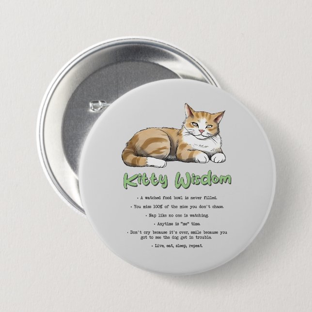 Kitty Wisdom – Funny Cat Rules with a Brown Cat Button (Front & Back)