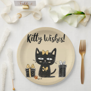 Kitty Wishes-Cute Black Cat With Present-Birthday Paper Plates