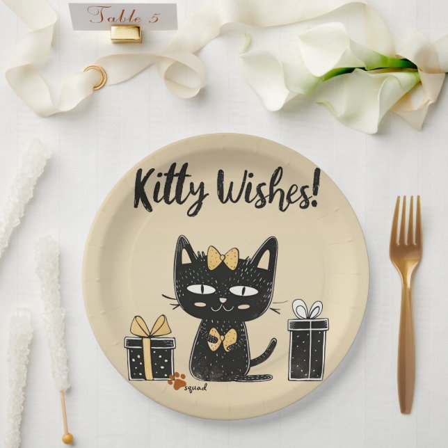 Kitty Wishes-Cute Black Cat With Present-Birthday Paper Plates (Wedding)