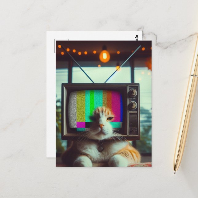 Kitty With a vintage TV Face Postcard (Front/Back In Situ)