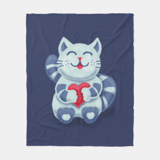 Kitty With Heart In Love Cute Blue Cat Fleece Blanket