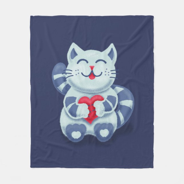 Kitty With Heart In Love Cute Blue Cat Fleece Blanket (Front)