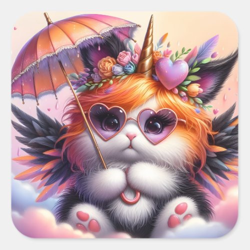  Kitty with Umbrella Square Sticker