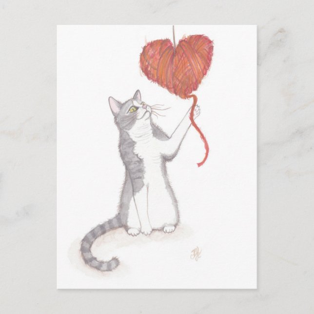 Kitty & Yarn Heart Valentine Holiday Postcard (Front)