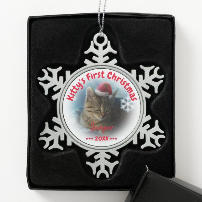 Kitty's First Christmas | Cat Name Snowflake Pewter Christmas Ornament (Box)
