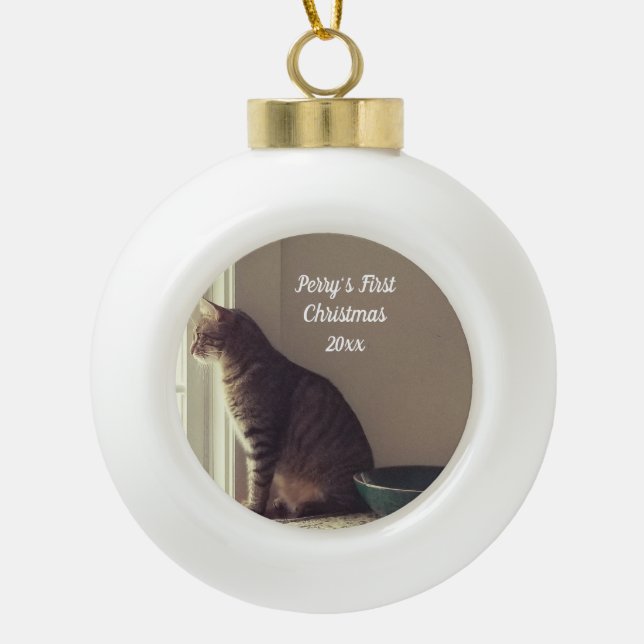 Kitty's First Christmas Ceramic Ball Christmas Ornament (Front)
