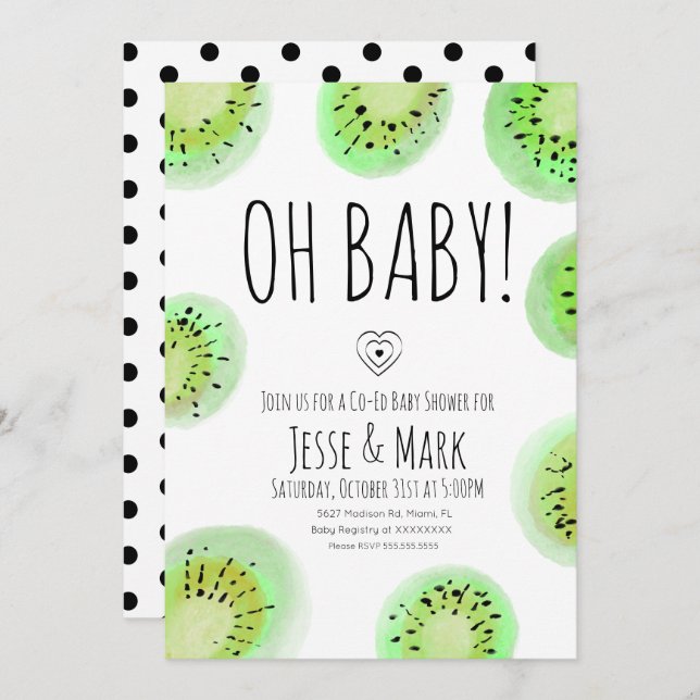 Kiwi Baby Shower Watercolor Polk Dots Invitation (Front/Back)