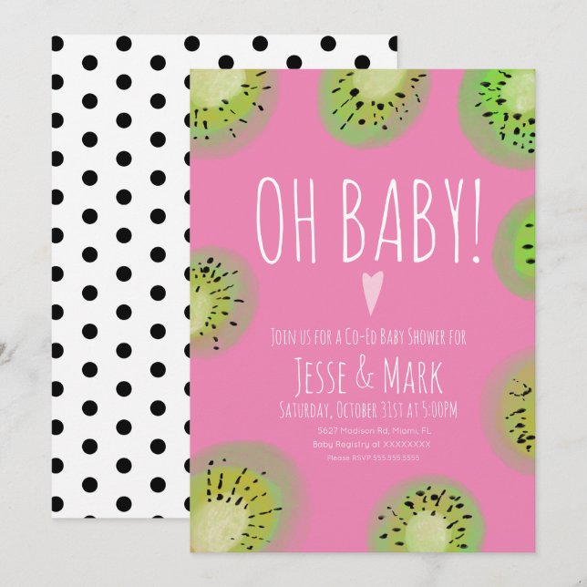 Kiwi Baby Shower Watercolor Polk Dots Pink Invitation (Front/Back)