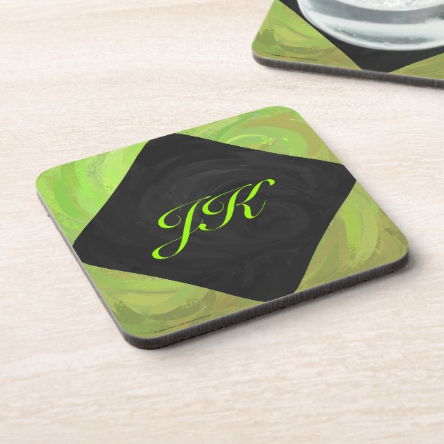 Kiwi Bash Green and Black Monogram Beverage Coaster (Left Side)