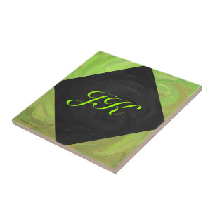 Kiwi Bash Green and Black Monogram Ceramic Tile