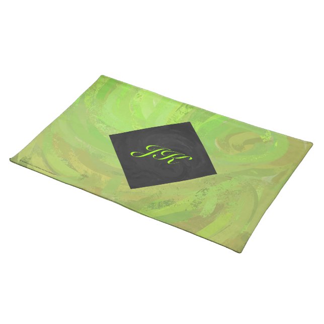 Kiwi Bash Green and Black Monogram Cloth Placemat (On Table)