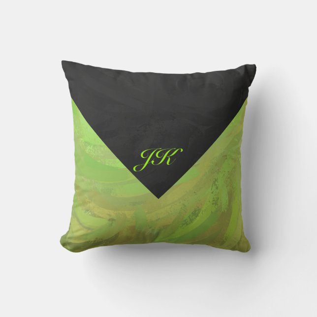 Kiwi Bash Green and Black Monogram Throw Pillow (Front)