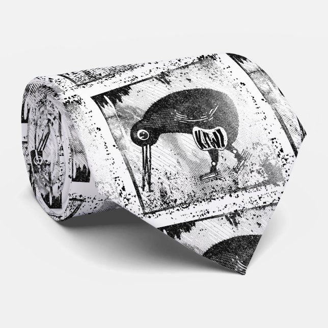 Kiwi bird black and white neck tie (Rolled)