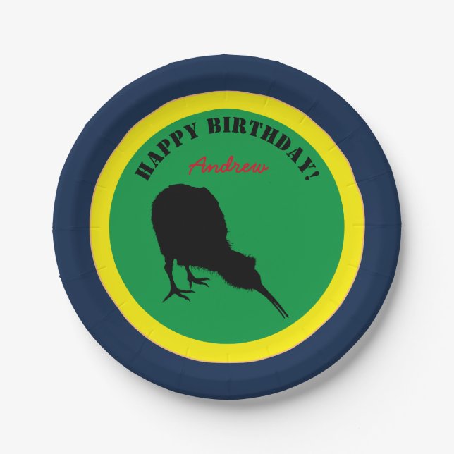 Kiwi Bird & Happy Birthday, New Zealand Party Paper Plates (Front)