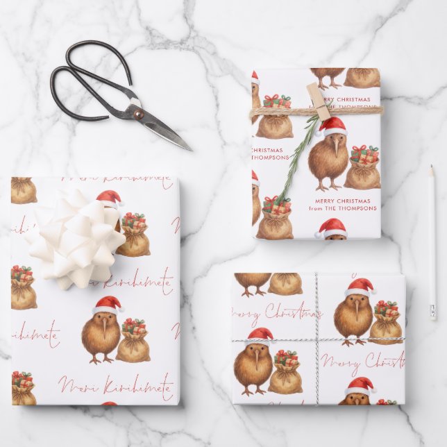 Kiwi Bird Meri Kirihimete Name Merry Christmas  Wrapping Paper Sheets (Front)