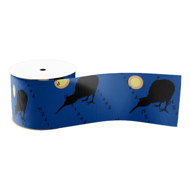 Kiwi Bird & Moon, New Zealand text /blue Grosgrain Grosgrain Ribbon (Spool)