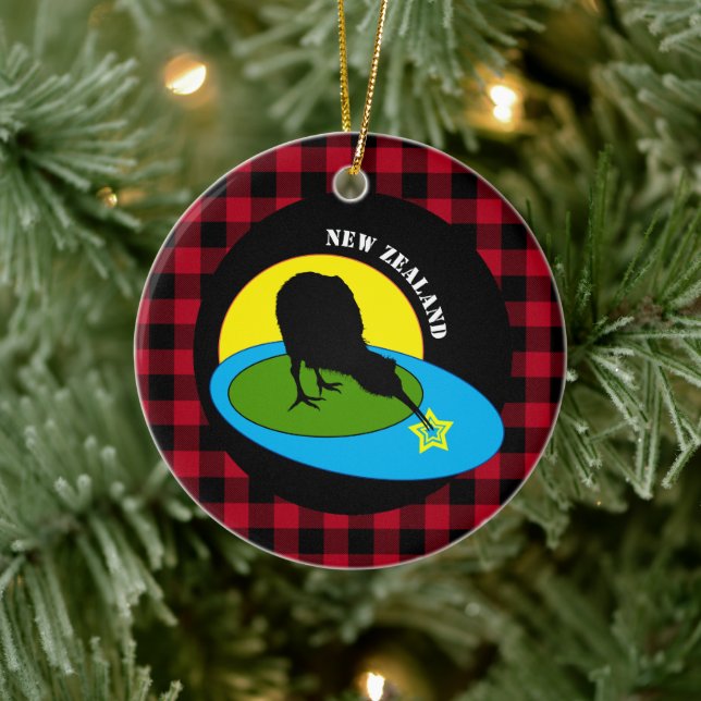 Kiwi Bird & New Zealand, Red Buffalo Plaid Rustic Ceramic Ornament (Tree)