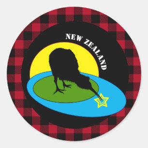 Kiwi Bird & New Zealand, Red Buffalo Plaid Rustic Classic Round Sticker