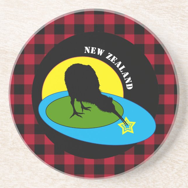 Kiwi Bird & New Zealand, Red Buffalo Plaid Rustic Coaster (Front)