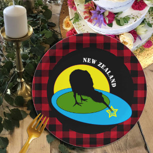 Kiwi Bird & New Zealand, Red Buffalo Plaid Rustic Paper Plates