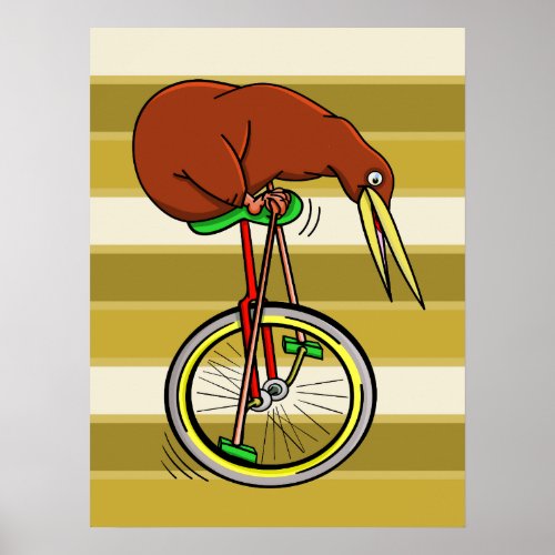 Kiwi Bird On A Unicycle Funny Cartoon Poster