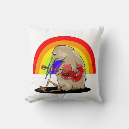 Kiwi bird playing an acoustic guitar throw pillow